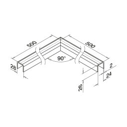 MODELL 6361 | 90° Verbinder für U-Form Glaskantenschutz-Profil 28x26x2 mm | Nut 24x24 mmfür Glasstärke 8 - 21,52 mm | 500x500 mm | V4A | geschliffen